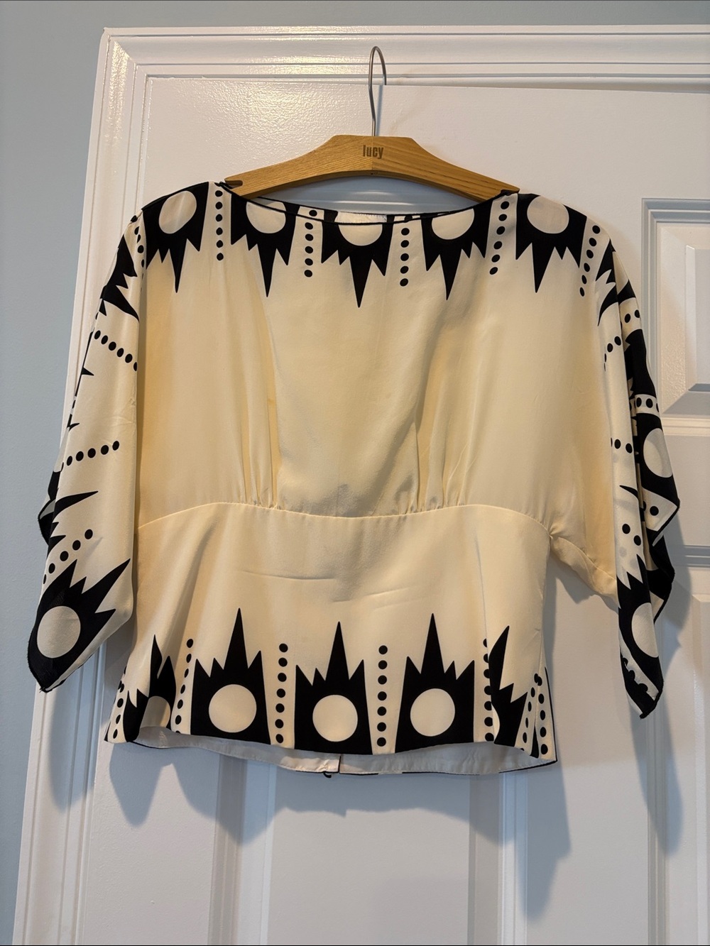 Anna Sui Black and Cream Graphic Peplum Blouse
